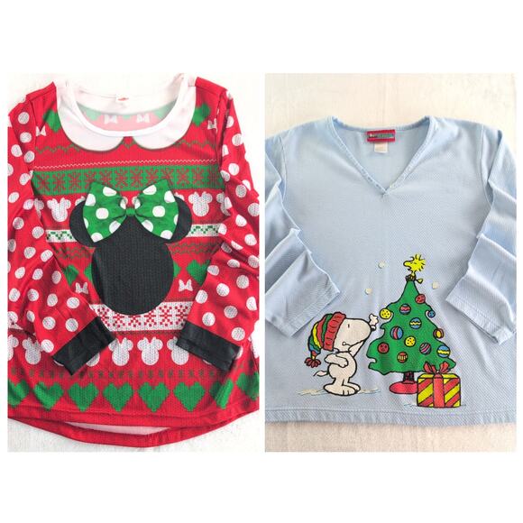 Disney/Snoopy Bundle(2) Christmas Minnie/Vintage Peanuts PajamaTops Women's L/XL - Picture 1 of 6